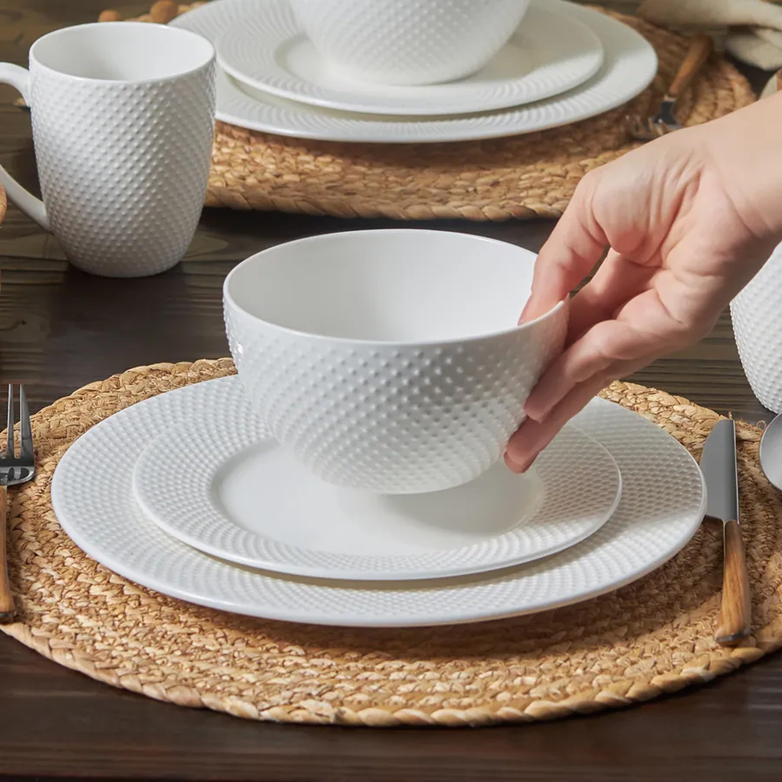 Amazon.com | Karaca Punto Embossed Bone China Dinnerware Set for 4
